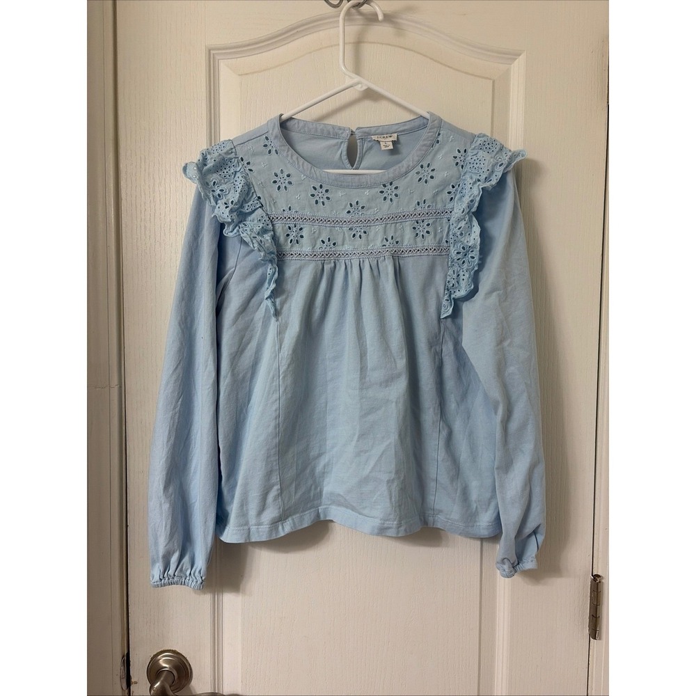 J.Crew Eyelet Ruffle Blouse Womens Large Baby Blue Long Sleeve Lace Trim Top
